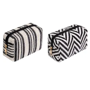 Woven PP Cotton Makeup Bag Black White Stripe Herringbone Pattern Portable Mini Cosmetic Organizer With Gold Metal Zipper