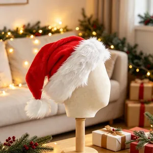 Bonnet De Noël Classique En Peluche Épais Rouge Et Blanc Pour Adultes Enfants Décoration De Fête De Noël Accessoires