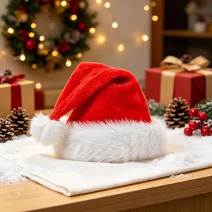 Bonnet de Père Noël classique en peluche rouge et blanc avec bordure épaisse poilue