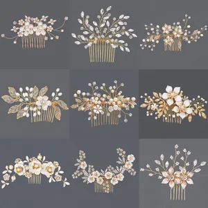 Peigne à Cheveux de Mariée Fait à la Main Élégant Imitation Künstliche Perle Strass Feuille Florale Coiffe Or Argent Mariage Femme