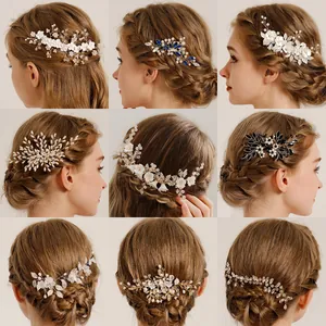 Détail de peignes à cheveux de mariée faits main avec perles et cristaux en divers designs