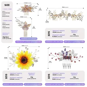 Dimensions et poids détaillés pour les ensembles de peignes à cheveux de mariée faits main.