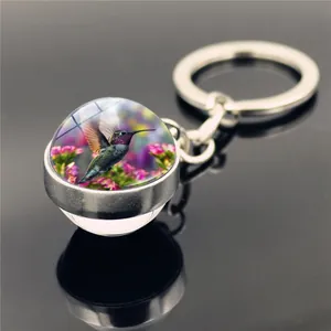 Llavero Artístico de Bola de Vidrio con Colibrí Aleación de Zinc Metal Plateado Anillo de Llave Colgante Floral Regalo