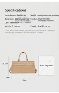 Vue détaillée du sac à main tissé beige avec dimensions et tableau de comparaison iPad