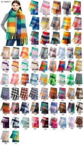 Detailed display of 71 colorful plaid mohair scarves with long tassels for winter