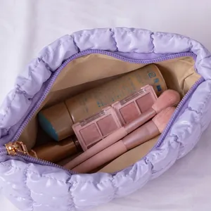 Lavender puffy quilted makeup bag with large capacity storage for cosmetics