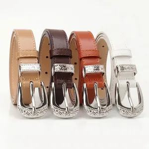 Retro women's faux leather belt set with engraved silver buckles in four stylish colors