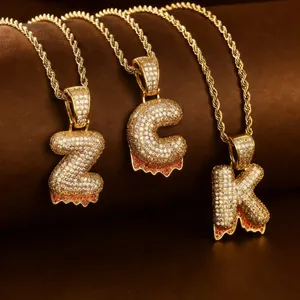 Collier Pendentif Lettre Bulle Hip Hop Iced Out Hommes Femmes Cuivre Zirconia Or Chaîne Torsadée Bijoux
