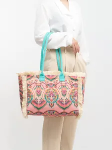 Sac Fourre-Tout en Toile Bohème Grande Capacité Imprimé Floral Paisley Sac à Épaule Avec Franges pour Femmes Plage Voyage