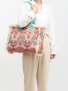 Grand sac cabas en toile à imprimé floral bohème avec franges et anses turquoise