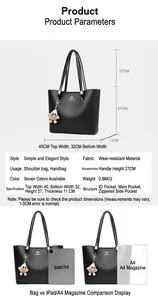 Detailed size specifications and dimensions of the black tote bag with A4 and iPad comparison.