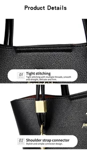 Detailed view of the premium stitching and gold hardware on a black leather tote bag.