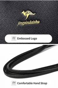 Detail showing pebbled black leather texture with gold kangaroo logo and sturdy strap