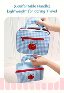 Blue and white checkered makeup bag featuring red apple embroidery and top handle