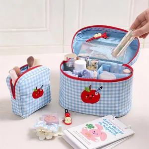 Gingham Plaid Makeup Bag Polyester Travel Cosmetic Case With Cute Apple Embroidery Patch Portable Organizer For Women