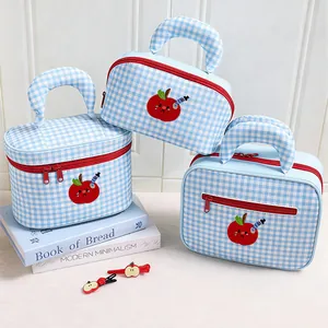 Blue and white gingham cosmetic bags with cute apple embroidery, travel set