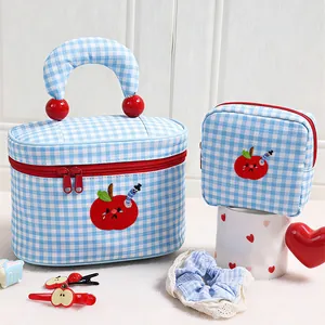 Blue and white checkered cosmetic bag set with cute apple embroidery