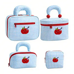 Blue and white checkered cosmetic bag set with cute red apple embroidery for travel storage