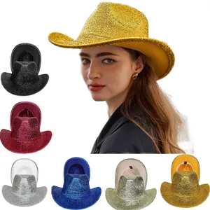 Δυτικό Καπέλο Cowboy με Πούλιες και Χρυσόσκονη για Γυναίκες Άνδρες Πάρτι Τζαζ Fedora Κοστούμι Παράσταση Χορός Ευρύ Γείσο Λαμπερό Καπέλο