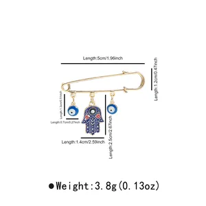 Dimensions of Hamsa hand and evil eye safety pin brooch, 3.8g gold-plated jewelry
