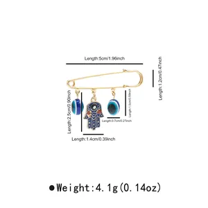 Detail view showing measurements and weight for Evil Eye and Hamsa Hand safety pin brooch
