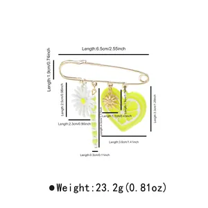 Detailed dimension diagram for decorative heart and flower charm safety pin brooch