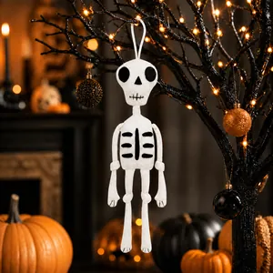 Close-up view of a white knitted skeleton hanging ornament for Halloween party decorations
