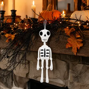 Close-up of a white knitted skeleton hanging decoration for festive Halloween party decor