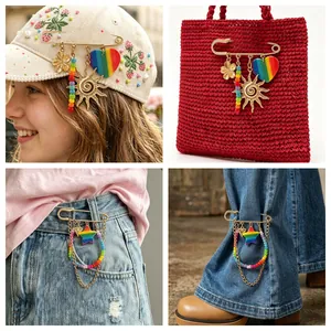 Bohemian rainbow heart and star decorative safety pin brooch for hats, bags, and jeans.