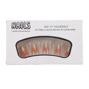 Professional nude gradient press-on nails set with silver glitter tips, short coffin shape