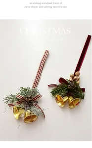 Christmas hanging ornaments set with golden bells, pinecones and velvet bows for tree decor