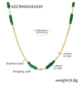 Dettaglio della collana in giada verde con dimensioni e specifiche dei materiali.