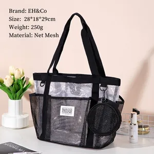 Mesh Beach Bag Tote Color Contrast Breathable Storage Pouch For Swimming Gym Travel Shower Multi Compartment Women