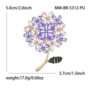 Vintage hydrangea flower brooch with purple crystals and gold stem with measurements