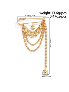 Detailed view of the multi-layer gold chain brooch with heart pendants and measurements
