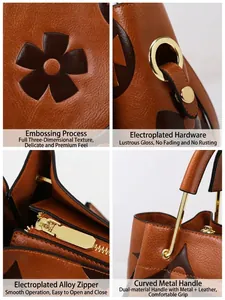 Stylish brown leather bucket bag featuring floral embossing and elegant gold handles