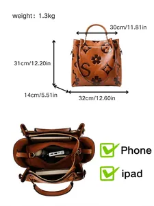 Large capacity brown retro bucket bag with embossed floral patterns and dimensions