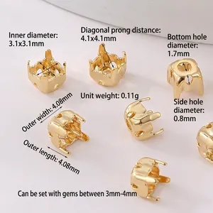 Detailansicht von 14K vergoldeten Schmuckfassungen mit genauen Maßangaben für DIY-Projekte.