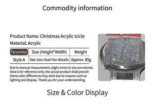 Set of 12 transparent acrylic Christmas icicle ornaments shown with weight specifications