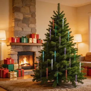 Vibrant twisted icicle ornaments decorating a festive Christmas tree in a room