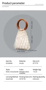 Detailed view showing dimensions and parameters of white beaded handbag with orange handles