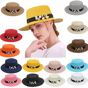 Elegant Straw Boater Hat Women Summer Sun Hat Artificial Pearl Flower Ribbon Wide Brim Beach Travel Sunshade Fedora Hat Foldable