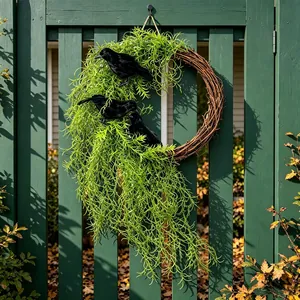 Ghirlanda di Halloween in Rattan con Corvo Simulato e Muschio Verde Appeso Ghirlanda Gotica Artificiale per Porta Parete Finestra