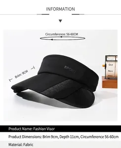 Black sports sun visor hat with adjustable brim and dimensions for outdoor activities.