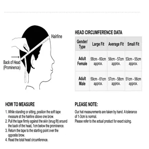 Head circumference size chart and measurement guide for outdoor sun visor hat.