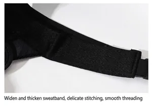 Close-up detail of the widened sweatband and fine stitching on black sun protection visor