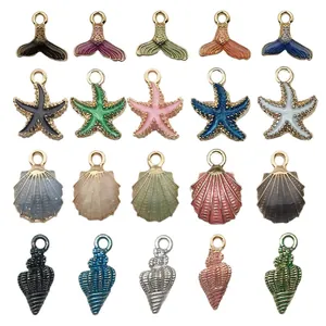 Colorful ocean-themed alloy charms set with mermaid tails, starfish, shells for DIY jewelry