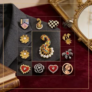 Broche Vintage en Alliage pour Femmes Luxe Strass Fleur de Camélia Broche Künstliche Perle Médaille Bouclier Broche pour Décoration de Costume Fête Bijoux