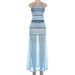 Close-up view of the stylish blue striped tube top and sheer mesh maxi skirt set