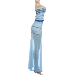 Blue striped tube top and sheer mesh maxi skirt two-piece set for women's spring fashion